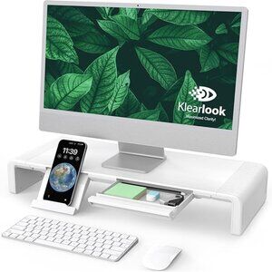 Klearlook White Foldable Monitor Stand With built - in drawer & phone Stand